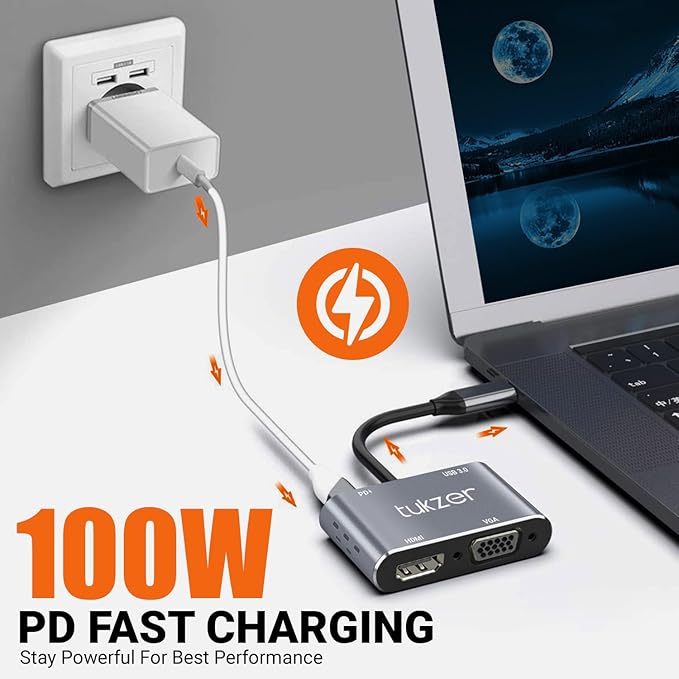 Tukzer 4-in-1 Type-C Hub to HDMI 4K 30Hz, VGA 1080P 60Hz, USB 3.0 Data, 100W PD, MultiPort Adapter