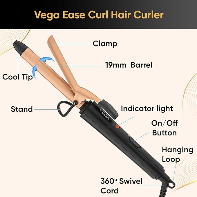VEGA Ease Curl 19 mm Barrel Hair Curler With Ceramic Coated Plates, (VHCH-01), Beige VEGA Ease Curl 19 mm Barrel Hair Curler With Ceramic Coated Plates, (VHCH-01), Beige