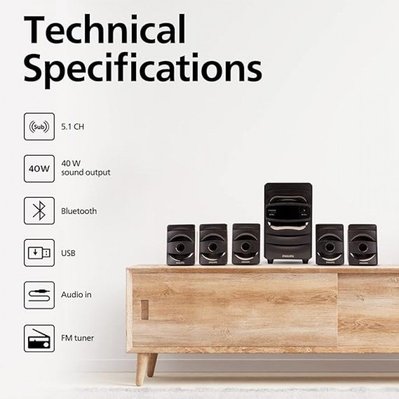 Philips Audio SPA5128B 5.1 CH 40W Bluetooth Multimedia Speakers (Black)- Philips Audio SPA5128B 5.1 CH 40W Bluetooth Multimedia Speakers (Black)-