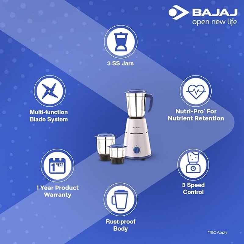 Bajaj Pluto Mixer Grinder, 500W, 3 Jars (White) Bajaj Pluto Mixer Grinder, 500W, 3 Jars (White)