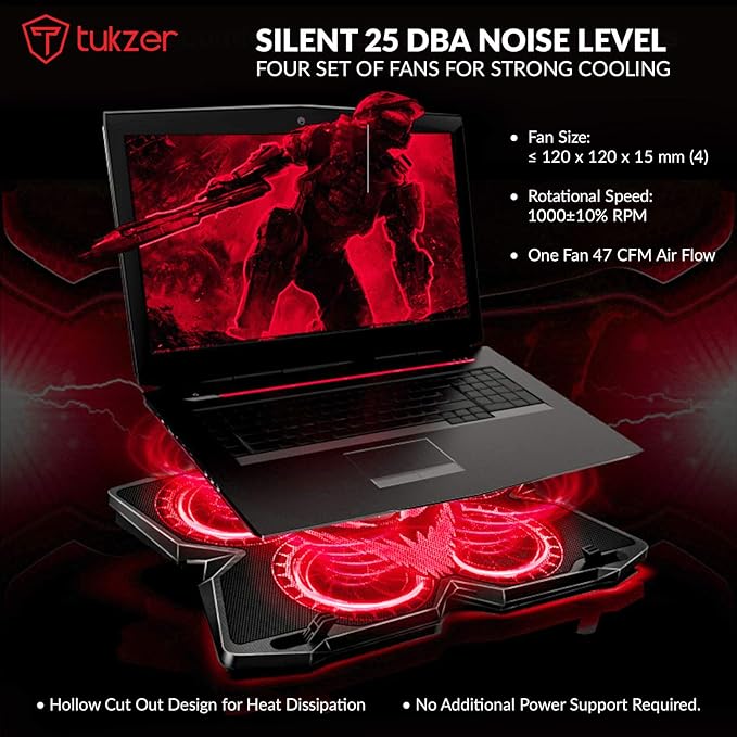 Tukzer Laptop Cooling Pad, Portable Slim Quiet-USB Powered Gaming Cooler Stand Chill Mat| 4-Red-LED Fans| Dual-USB-Port Tukzer Laptop Cooling Pad, Portable Slim Quiet-USB Powered Gaming Cooler Stand Chill Mat| 4-Red-LED Fans| Dual-USB-Port
