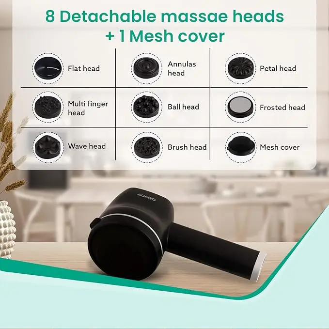 AGARO Alpha Rechargeable Handheld Body Massager With Interchangeable 8 Massage Heads 33625 Massager (Black)