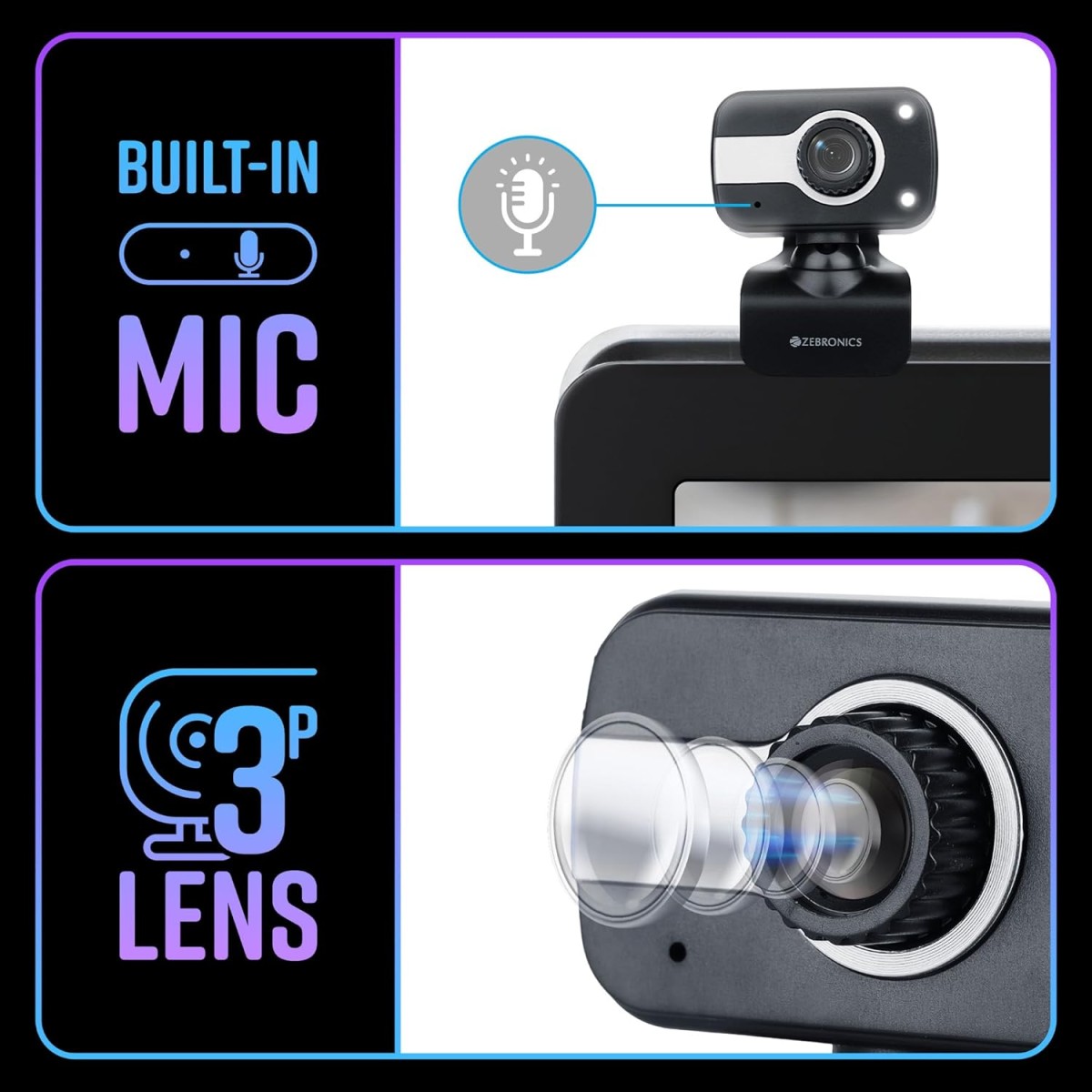 Zebronics Zeb-Crystal Clear Web Camera with 3P Lens Built-in Microphone Black