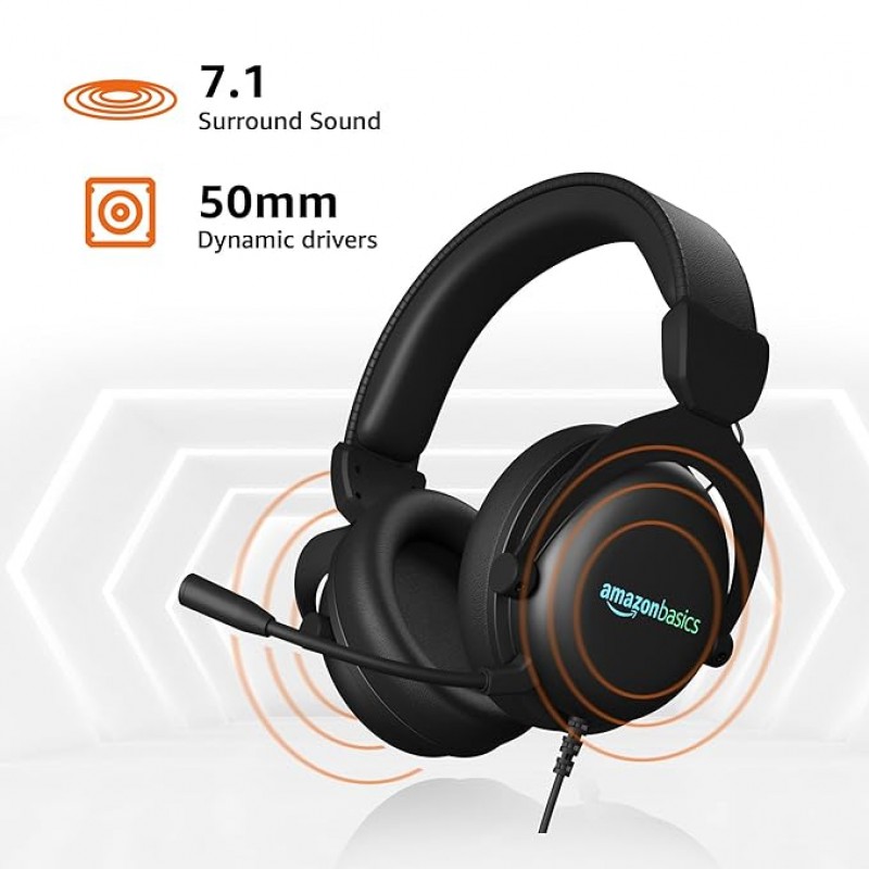 amazon basics Wired Over The Ear Gaming Headphones with Mic | RGB | 7.1 Channel Surround Audio | Remote Control (Black)