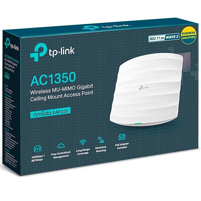TP-Link Omada AC1350 Wireless Ceiling Mount Access Point Seamless Roaming,1200 Mbps,Dual_Band, Gigabit, MU-Mimo, Beamforming, Poe Powered, Free PoE Injector, (EAP225)