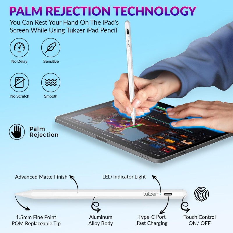 Tukzer Active 2nd Gen Stylus Pen iPad Pencil | Palm Rejection, Tilt Sensor, High Precision| for only iPad 2018 Onwards iPad(6/7/8/9/10) Air(3/4/5) Pro11(1/2/3/4) Pro12.9 (3/4/5/6) Mini(6/5) White