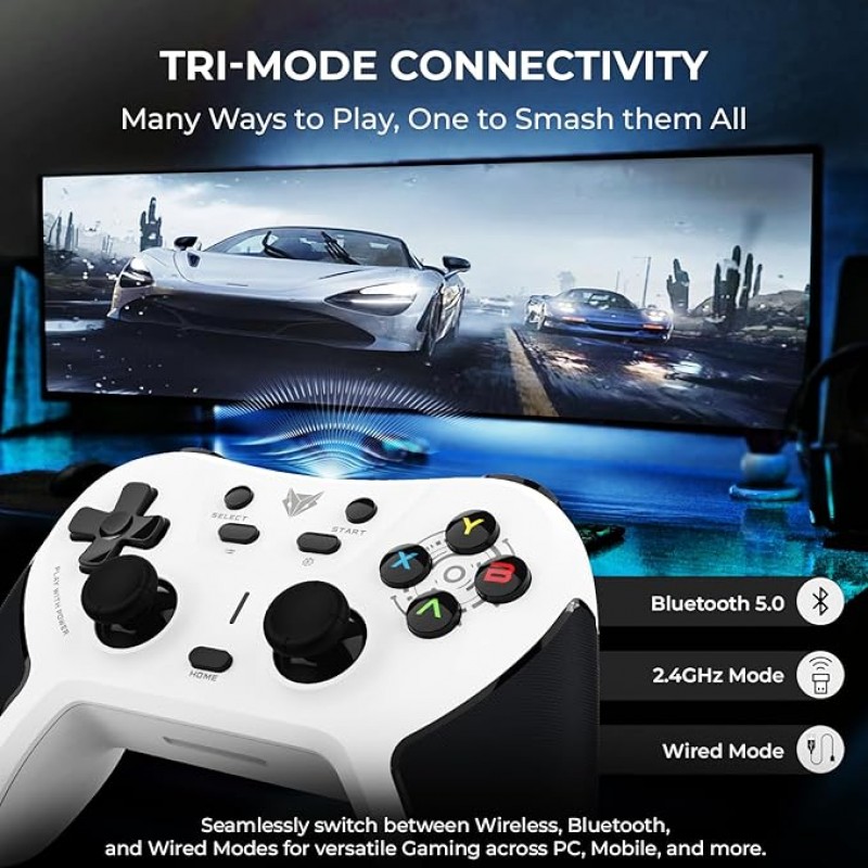 EvoFox One S Universal 3-Mode Wireless Gaming Controller – HallSense™ Precision Joysticks, Bluetooth 5.0, 2.4GHz & Wired Connectivity