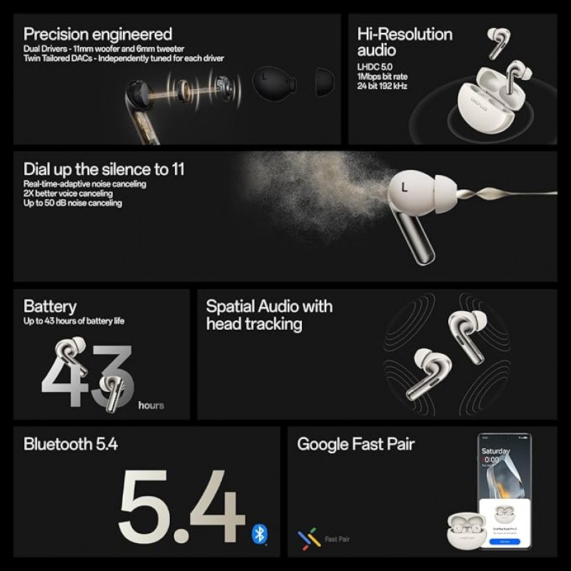 OnePlus Buds Pro 3 Bluetooth TWS in-Earbuds Dual Drivers, Dual Dacs, Dynaudio Eqs, AI-Powered Translator, Up to 50Db Adaptive Noise Cancellation, Up to 43Hrs Battery. OnePlus Buds Pro 3 Bluetooth TWS in-Earbuds Dual Drivers, Dual Dacs, Dynaudio Eqs, AI-Powered Translator, Up to 50Db Adaptive Noise Cancellation, Up to 43Hrs Battery.