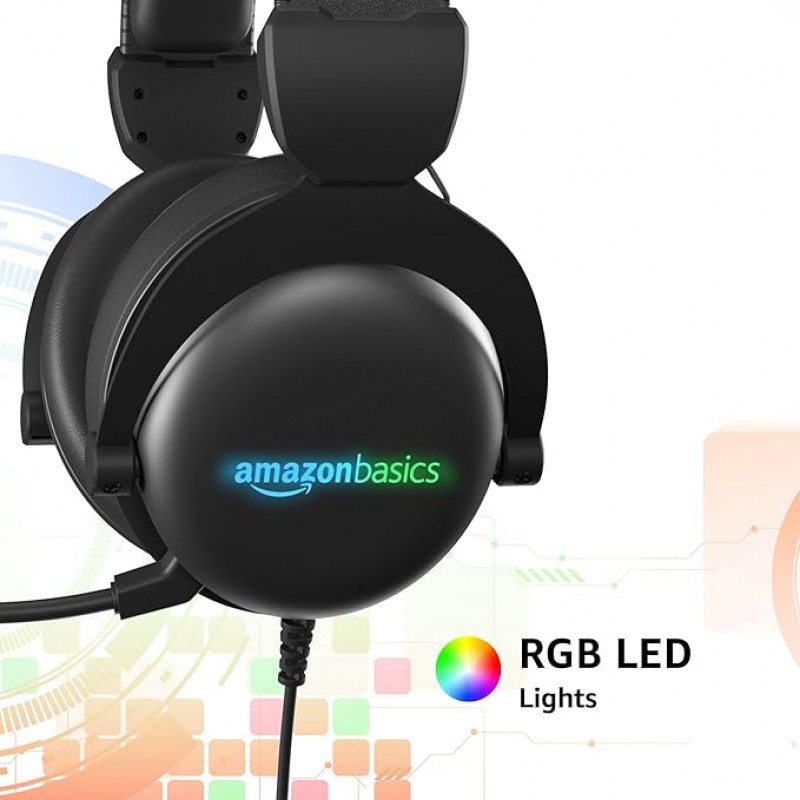 amazon basics Wired Over The Ear Gaming Headphones with Mic | RGB | 7.1 Channel Surround Audio | Remote Control (Black)