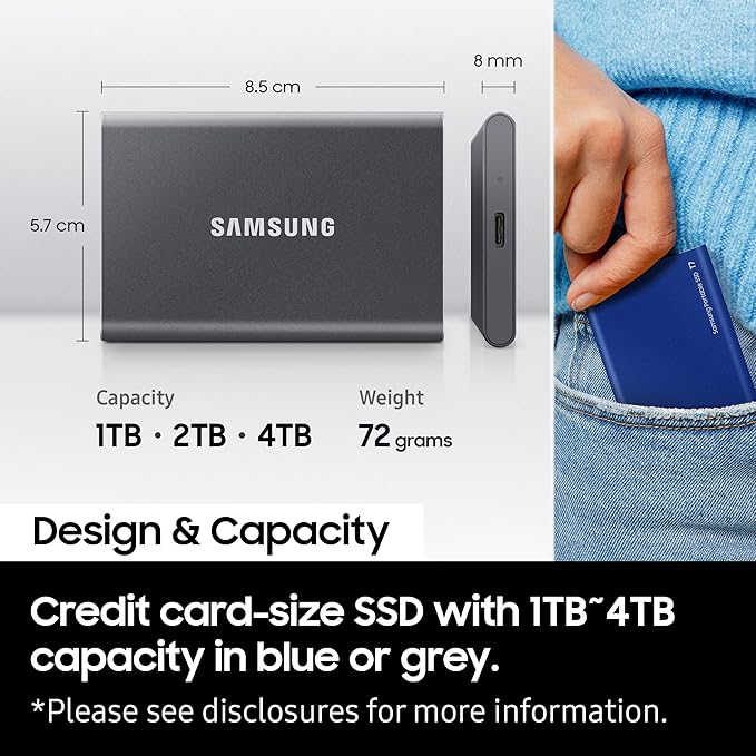 Samsung T7 2TB Up to 1,050MB/s USB 3.2 Gen 2 (10Gbps, Type-C) External Solid State Drive (Portable SSD) Grey(MU-PC2T0T) Samsung T7 2TB Up to 1,050MB/s USB 3.2 Gen 2 (10Gbps, Type-C) External Solid State Drive (Portable SSD) Grey(MU-PC2T0T)