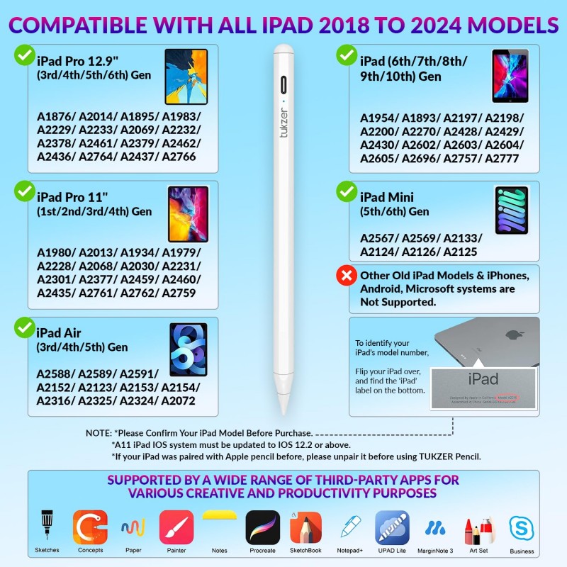 Tukzer Active 2nd Gen Stylus Pen iPad Pencil | Palm Rejection, Tilt Sensor, High Precision| for only iPad 2018 Onwards iPad(6/7/8/9/10) Air(3/4/5) Pro11(1/2/3/4) Pro12.9 (3/4/5/6) Mini(6/5) White