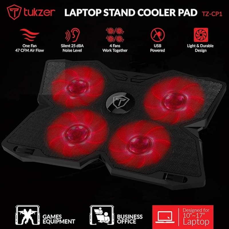 Tukzer Laptop Cooling Pad, Portable Slim Quiet-USB Powered Gaming Cooler Stand Chill Mat| 4-Red-LED Fans| Dual-USB-Port Tukzer Laptop Cooling Pad, Portable Slim Quiet-USB Powered Gaming Cooler Stand Chill Mat| 4-Red-LED Fans| Dual-USB-Port