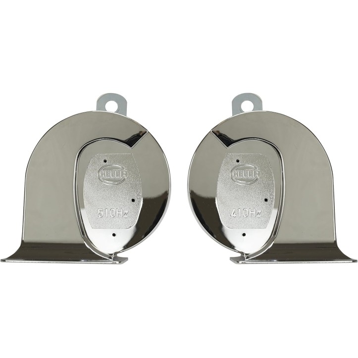 Hella 007728883 Chrome Trumpet Horn Set ( 12V,400/500 Hz,105 -118 dB @ 2m) for Passenger Car