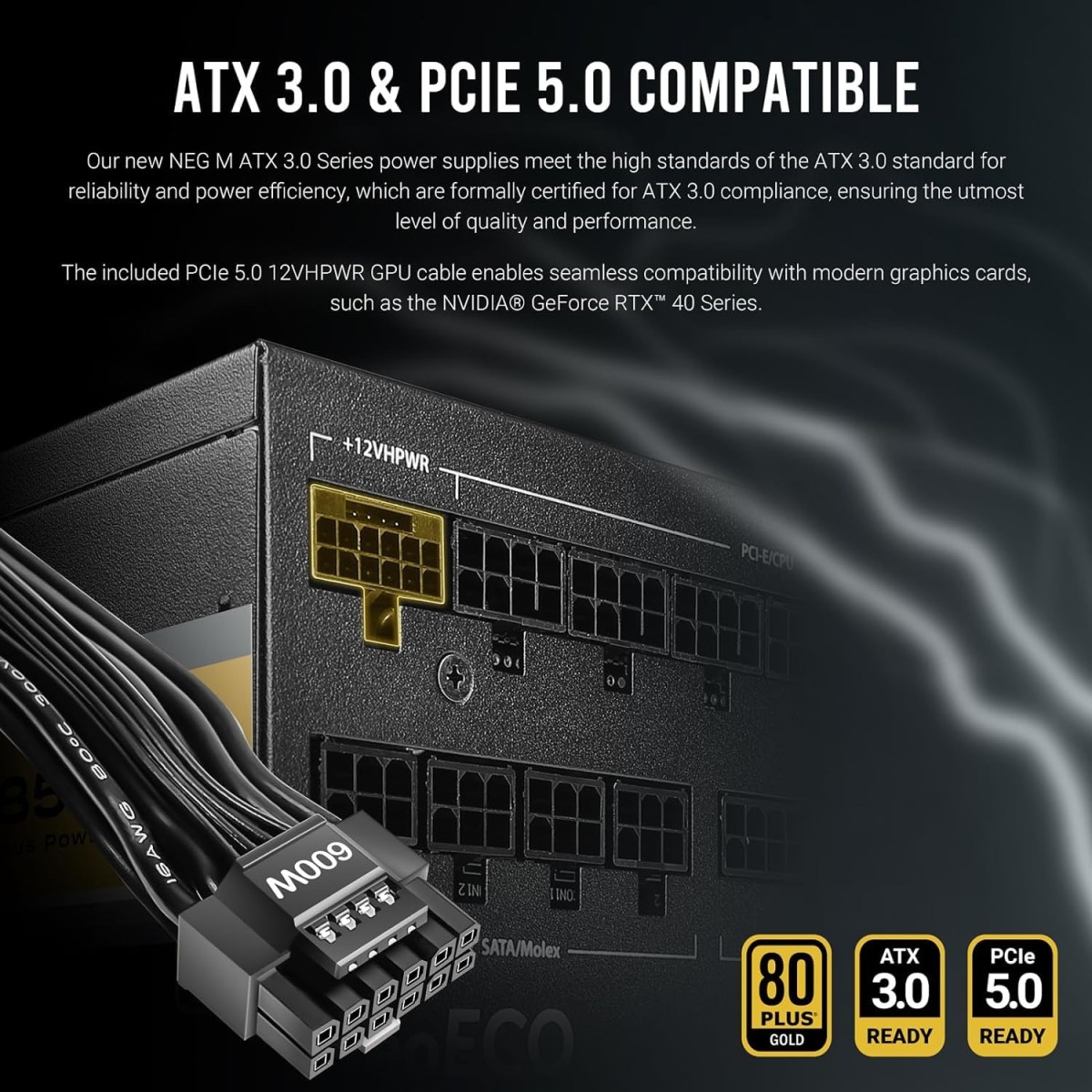 ANTEC NeoECO, NE1000G M ATX3.0, 1000W Full Modular PSU, 80 Plus Gold Certified, PCIE 5.0 Support, PhaseWave Design, Japanese Caps, Zero RPM Manager, Silent 120mm Fan, 10-Year Warranty
