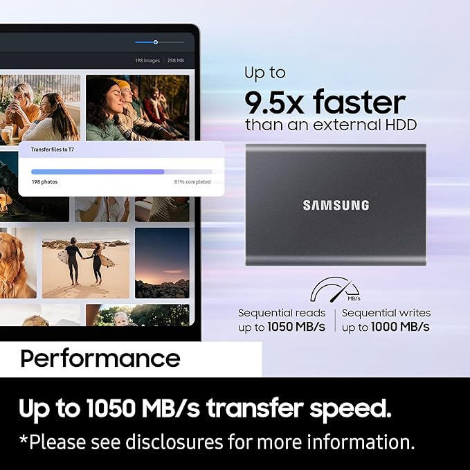 Samsung T7 2TB Up to 1,050MB/s USB 3.2 Gen 2 (10Gbps, Type-C) External Solid State Drive (Portable SSD) Grey(MU-PC2T0T) Samsung T7 2TB Up to 1,050MB/s USB 3.2 Gen 2 (10Gbps, Type-C) External Solid State Drive (Portable SSD) Grey(MU-PC2T0T)
