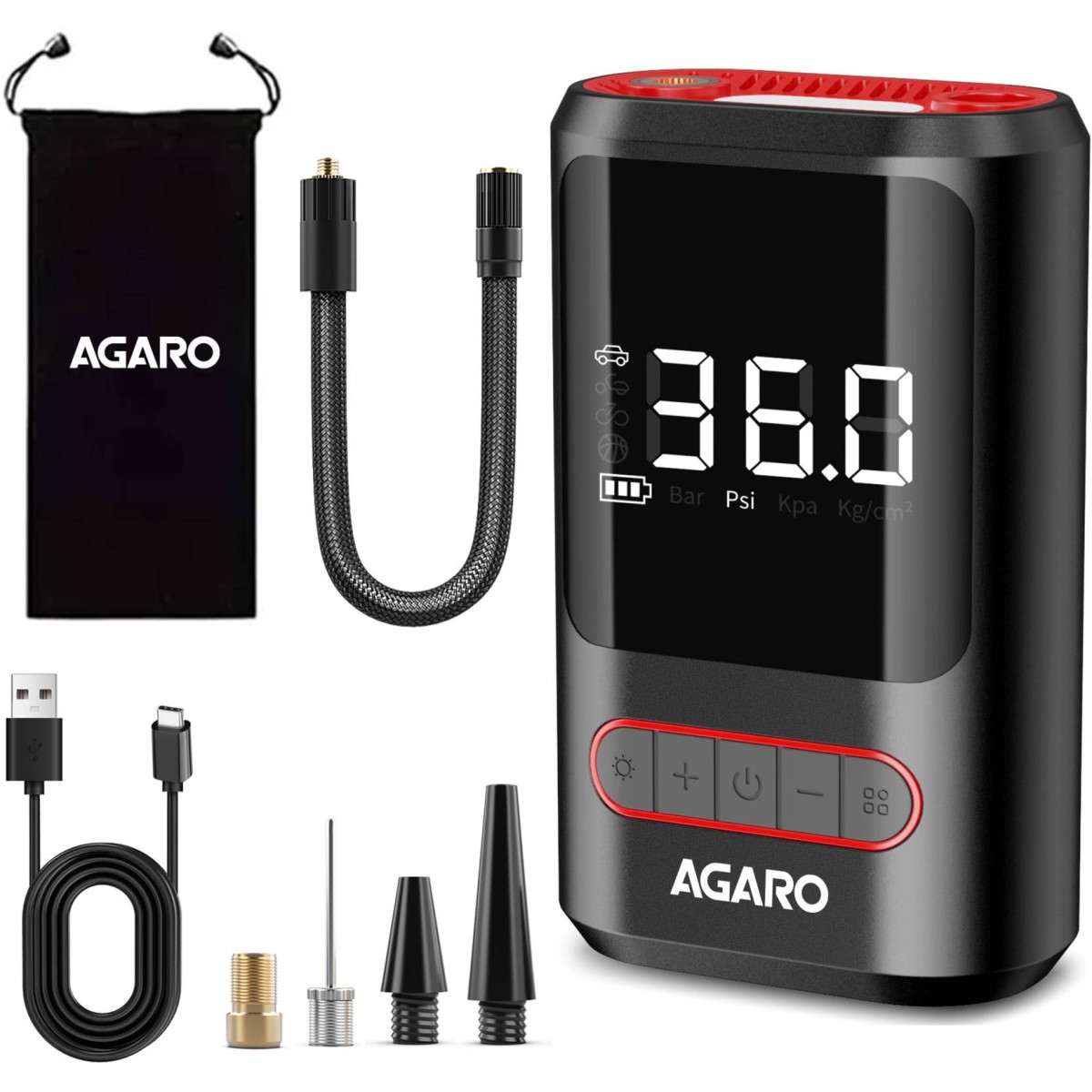 AGARO Galaxy Cordless Tyre Inflator, 150 PSI, 2x2000mAh Battery, Powerbank, LED Light, Type-C Charging, Digital Display, Multiple Nozzles
