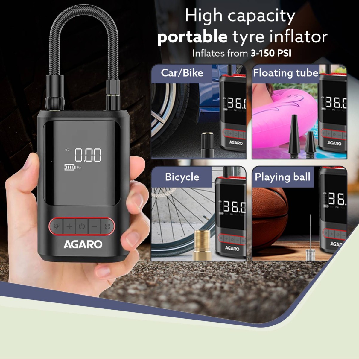 AGARO Galaxy Cordless Tyre Inflator, 150 PSI, 2x2000mAh Battery, Powerbank, LED Light, Type-C Charging, Digital Display, Multiple Nozzles