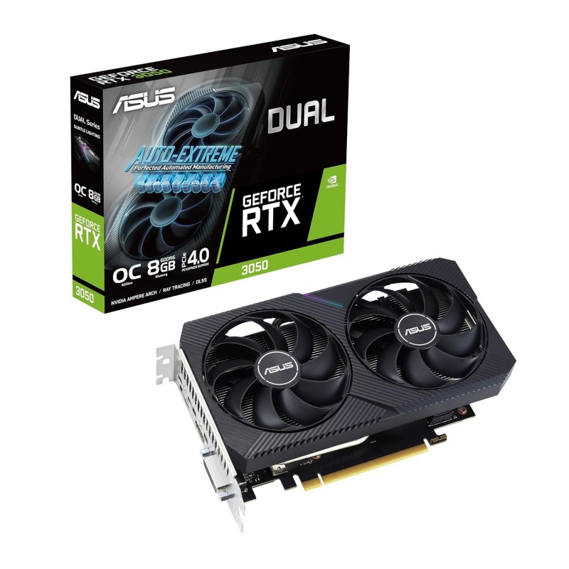 ASUS Dual Geforce RTX 3050 V2 OC Edition 8GB GDDR6 Pci_E Graphics Card with Two Powerful Axial-Tech Fans for AAA Gaming Performance and Ray Tracing. ASUS Dual Geforce RTX 3050 V2 OC Edition 8GB GDDR6 Pci_E Graphics Card with Two Powerful Axial-Tech Fans for AAA Gaming Performance and Ray Tracing.