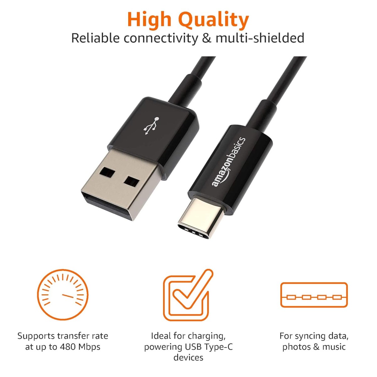 Airtree USB Type-C to USB-A 2.0 Male Cable - 9 Feet (2.7 Meters) - Black
