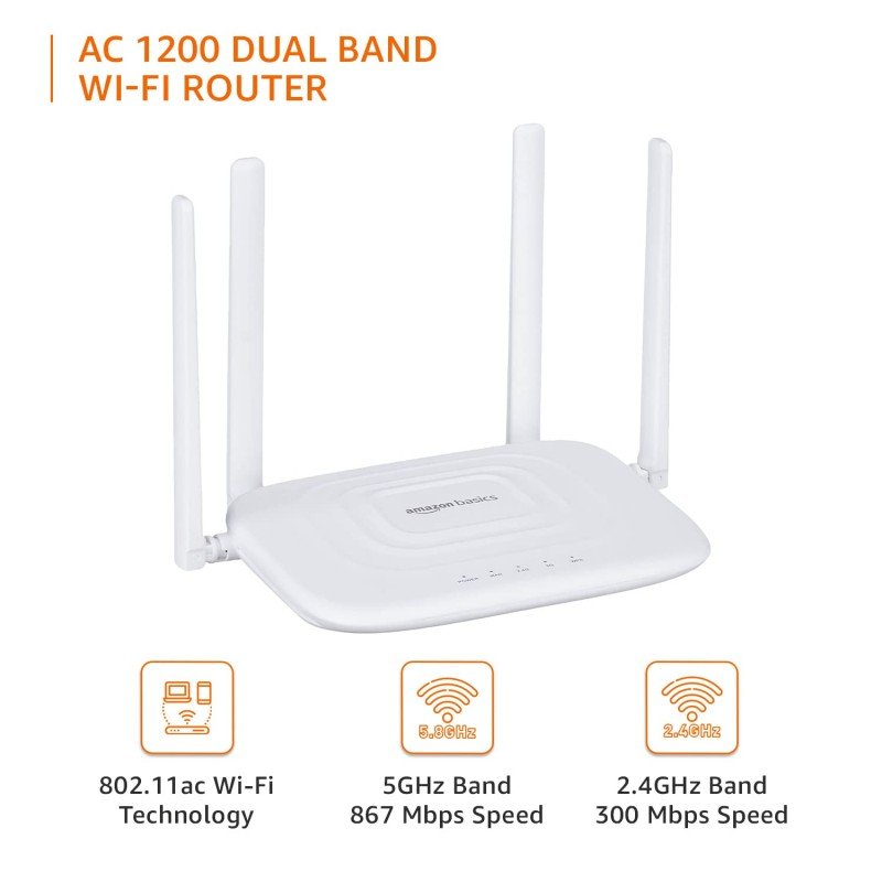 AmazonBasics AC1200 Dual-Band Wireless SOHO Router, Wi-Fi Speed Up to 867 Mbps/5 GHz and 300 Mbps/2.4 GHz, MediaTek Chipset, Guest Network Function, with 0.75M Ethernet Cable (White) AmazonBasics AC1200 Dual-Band Wireless SOHO Router, Wi-Fi Speed Up to 867 Mbps/5 GHz and 300 Mbps/2.4 GHz, MediaTek Chipset, Guest Network Function, with 0.75M Ethernet Cable (White)