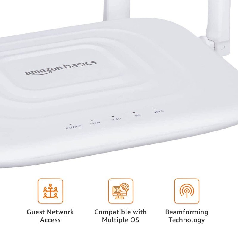 AmazonBasics AC1200 Dual-Band Wireless SOHO Router, Wi-Fi Speed Up to 867 Mbps/5 GHz and 300 Mbps/2.4 GHz, MediaTek Chipset, Guest Network Function, with 0.75M Ethernet Cable (White) AmazonBasics AC1200 Dual-Band Wireless SOHO Router, Wi-Fi Speed Up to 867 Mbps/5 GHz and 300 Mbps/2.4 GHz, MediaTek Chipset, Guest Network Function, with 0.75M Ethernet Cable (White)
