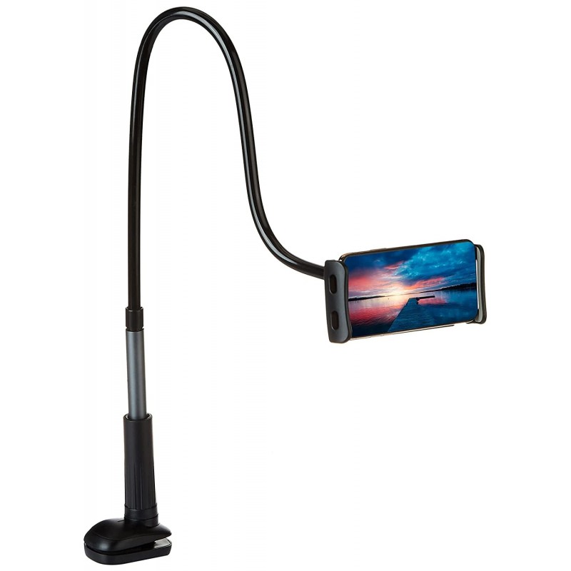 AmazonBasics Universal Mobile & Tablet Tabletop Holder | 360 Degree Rotation, Long Flexible Alloy Arm | For Desk, Table, Bed, Kitchen, Bathroom for 4.6-Inches to 10.4-Inches Tablet/Smartphones (Black)