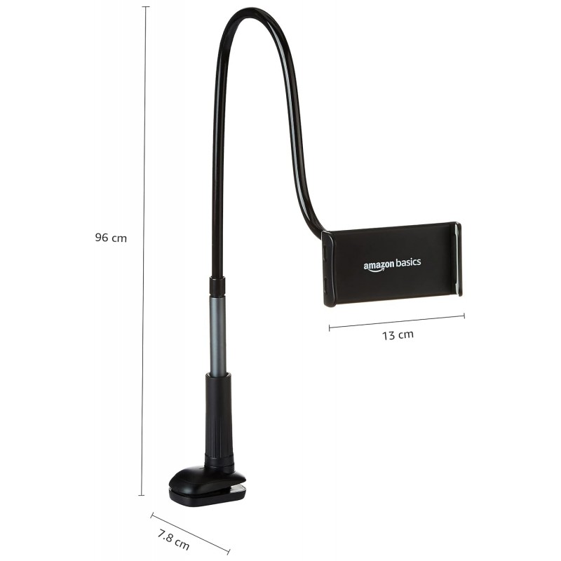 AmazonBasics Universal Mobile & Tablet Tabletop Holder | 360 Degree Rotation, Long Flexible Alloy Arm | For Desk, Table, Bed, Kitchen, Bathroom for 4.6-Inches to 10.4-Inches Tablet/Smartphones (Black)