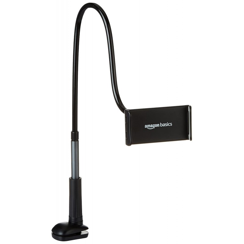 AmazonBasics Universal Mobile & Tablet Tabletop Holder | 360 Degree Rotation, Long Flexible Alloy Arm | For Desk, Table, Bed, Kitchen, Bathroom for 4.6-Inches to 10.4-Inches Tablet/Smartphones (Black)