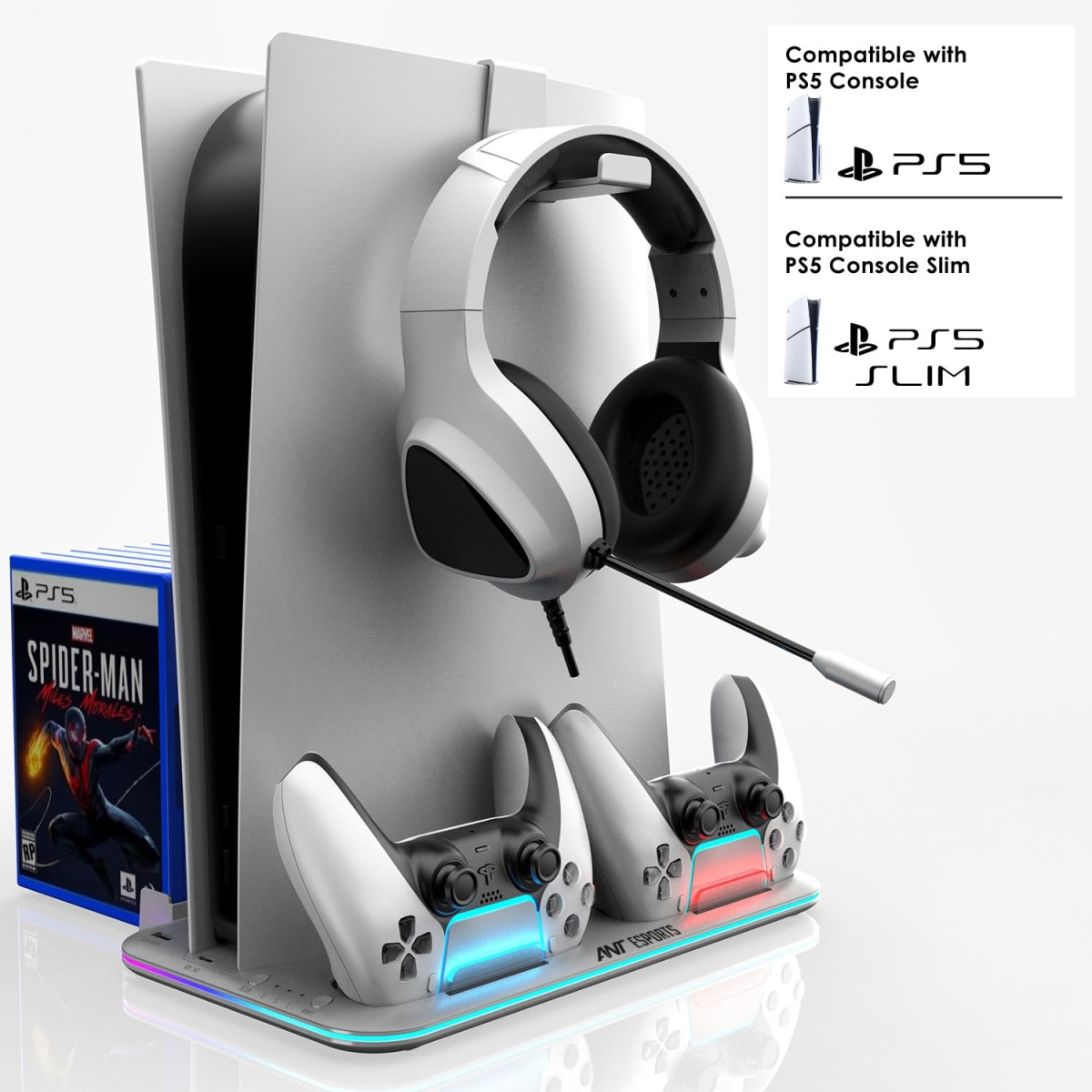 Ant Esports Dock5 RGB with Cooling Fan and Dual Controller Charger Station, PS5 Console Disc & Digital Edition, PS5 Cooling Station Accessories with RGB Light/Headset Holder/6 Game Slots/Screw (White)