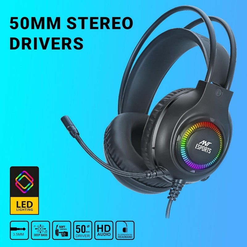 Ant Esports H580 Gaming Headset with Microphone for PS4 PC Xbox one PS5 Switch Laptop, Over Ear Headphones Wired with Noise Cancelling Mic, 3.5m Audio Jack, 50mm Stereo Drivers, Led Light – Black Ant Esports H580 Gaming Headset with Microphone for PS4 PC Xbox one PS5 Switch Laptop, Over Ear Headphones Wired with Noise Cancelling Mic, 3.5m Audio Jack, 50mm Stereo Drivers, Led Light – Black