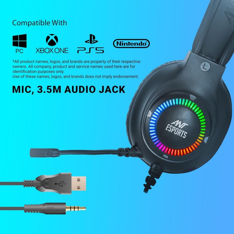 Ant Esports H580 Gaming Headset with Microphone for PS4 PC Xbox one PS5 Switch Laptop, Over Ear Headphones Wired with Noise Cancelling Mic, 3.5m Audio Jack, 50mm Stereo Drivers, Led Light – Black Ant Esports H580 Gaming Headset with Microphone for PS4 PC Xbox one PS5 Switch Laptop, Over Ear Headphones Wired with Noise Cancelling Mic, 3.5m Audio Jack, 50mm Stereo Drivers, Led Light – Black