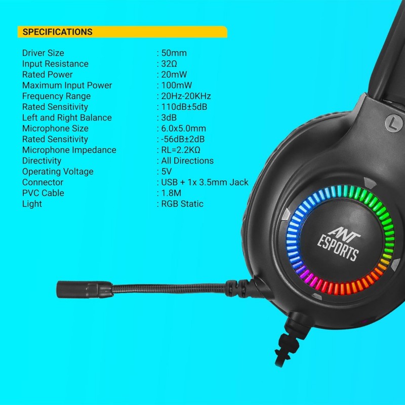 Ant Esports H580 Gaming Headset with Microphone for PS4 PC Xbox one PS5 Switch Laptop, Over Ear Headphones Wired with Noise Cancelling Mic, 3.5m Audio Jack, 50mm Stereo Drivers, Led Light – Black Ant Esports H580 Gaming Headset with Microphone for PS4 PC Xbox one PS5 Switch Laptop, Over Ear Headphones Wired with Noise Cancelling Mic, 3.5m Audio Jack, 50mm Stereo Drivers, Led Light – Black