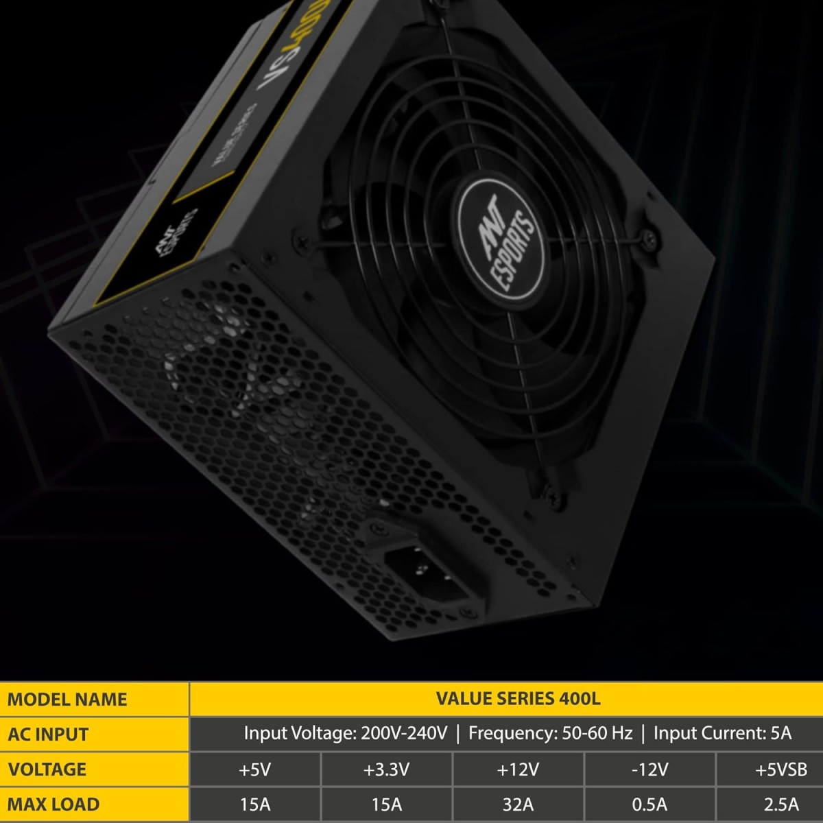 Ant Esports VS400L NonModular High Efficiency Gaming Power Supply PSU with Continuous Power and 120mm Silent Fan