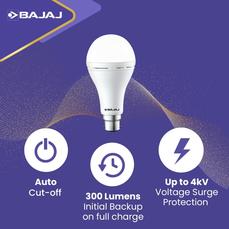 Bajaj iLED 8.5W Rechargeable Emergency Inverter LED Bulb | Cool Day Light | Upto 4 Hours Battery | B22D | (Pack of 1, White) Bajaj iLED 8.5W Rechargeable Emergency Inverter LED Bulb | Cool Day Light | Upto 4 Hours Battery | B22D | (Pack of 1, White)