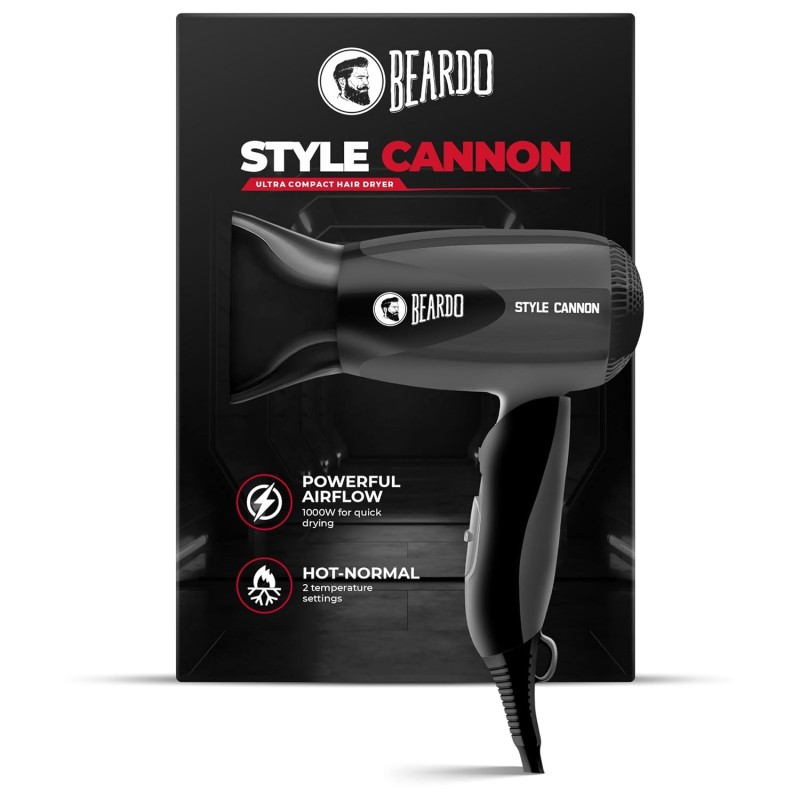 Beardo Style Cannon Hair Dryer | Powerful 1000W airflow | Thermo Protect Technology with 2 Tempreature Settings | Precise styling with special concentrator nozzle | Hair Dryer for men Beardo Style Cannon Hair Dryer | Powerful 1000W airflow | Thermo Protect Technology with 2 Tempreature Settings | Precise styling with special concentrator nozzle | Hair Dryer for men