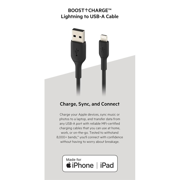 Belkin Lightning Cable (Boost Charge Lightning to USB Cable for iPhone, iPad, AirPods) 3ft/1m, Black Belkin Lightning Cable (Boost Charge Lightning to USB Cable for iPhone, iPad, AirPods) 3ft/1m, Black