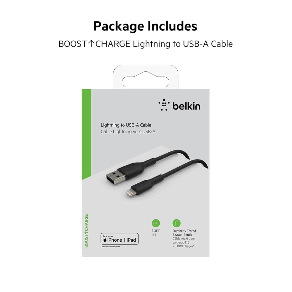 Belkin Lightning Cable (Boost Charge Lightning to USB Cable for iPhone, iPad, AirPods) 3ft/1m, Black