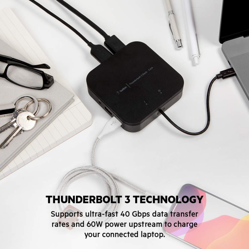 Belkin International Belkin Thunderbolt 3 Dock Core w/Thunderbolt 3 Cable (Thunderbolt Dock for Mac and Windows) Dual 4K @60Hz, 40Gbps Transfer Speeds, 60W Upstream Charging (F4U110bt) Belkin International Belkin Thunderbolt 3 Dock Core w/Thunderbolt 3 Cable (Thunderbolt Dock for Mac and Windows) Dual 4K @60Hz, 40Gbps Transfer Speeds, 60W Upstream Charging (F4U110bt)