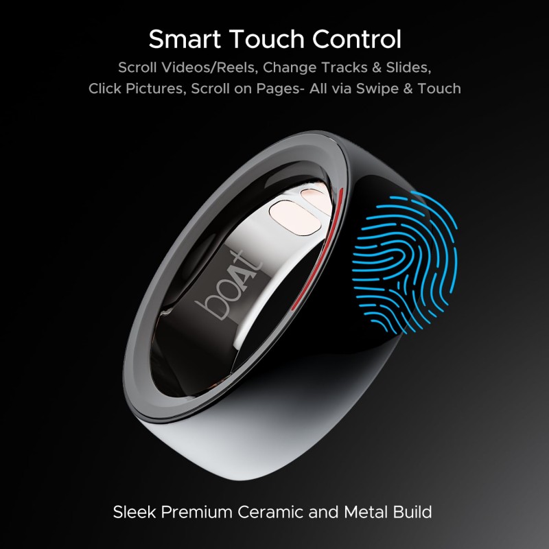 Boat Smartring Gen-1 with Premium Ceramic & Metal Build, Touch Controls, Activity Tracking, HR,SpO2, Sleep & Body Health Monitoring, Sports Modes, 5ATM Resistance & 6 Motion Sensors(Charcoal Black 7)