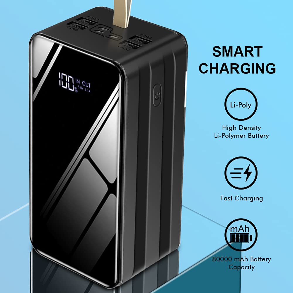 CALLMATE 80000mAh Ultra High Capacity Power Bank, 15W Fast Charging|Digital Display|4 USB Output Ports and 3 Input|LED Torch| Multi-Layer Protection for iPhone, Smartphones (Black, Lithium Polymer)
