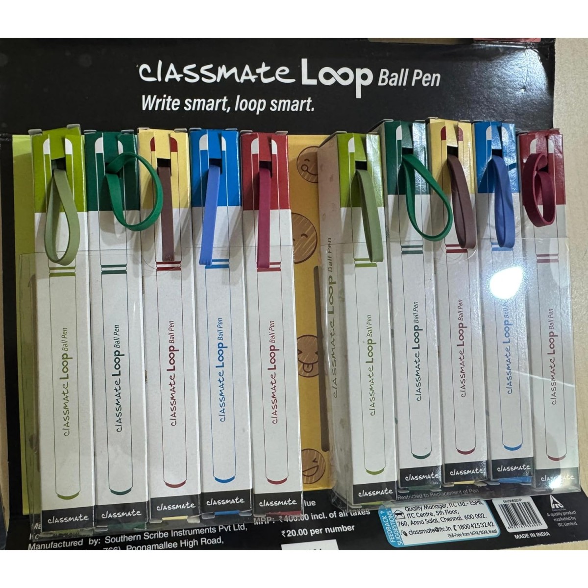 Classmate Loop Ball Pen Pack, 20 Pens, Assorted Colours, Writes 5,000m