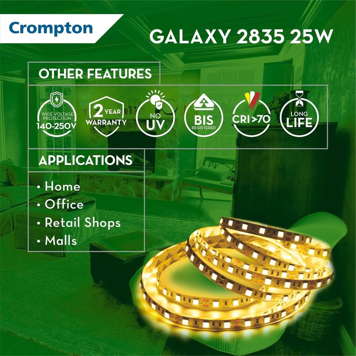 Crompton 5 Meter Strip Light Warm White 300 LEDs (Pack of 1) (Without Driver)