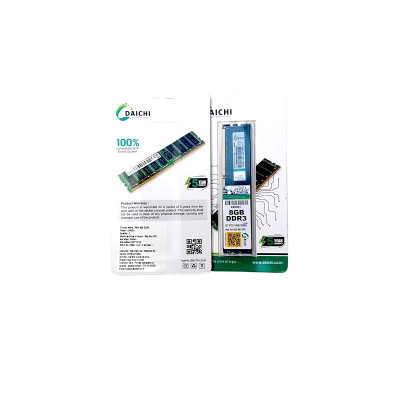 DAICHI 8 GB DUAL CHANNEL DDR3 U-DIMM DI8GD3 DT PC3 1600 MHz ( PC-12800) Memory Speed Desktop RAM for H55. H61, H81 motherboards with 5 Years Warranty,(PACK OF 1) GREEN DAICHI 8 GB DUAL CHANNEL DDR3 U-DIMM DI8GD3 DT PC3 1600 MHz ( PC-12800) Memory Speed Desktop RAM for H55. H61, H81 motherboards with 5 Years Warranty,(PACK OF 1) GREEN