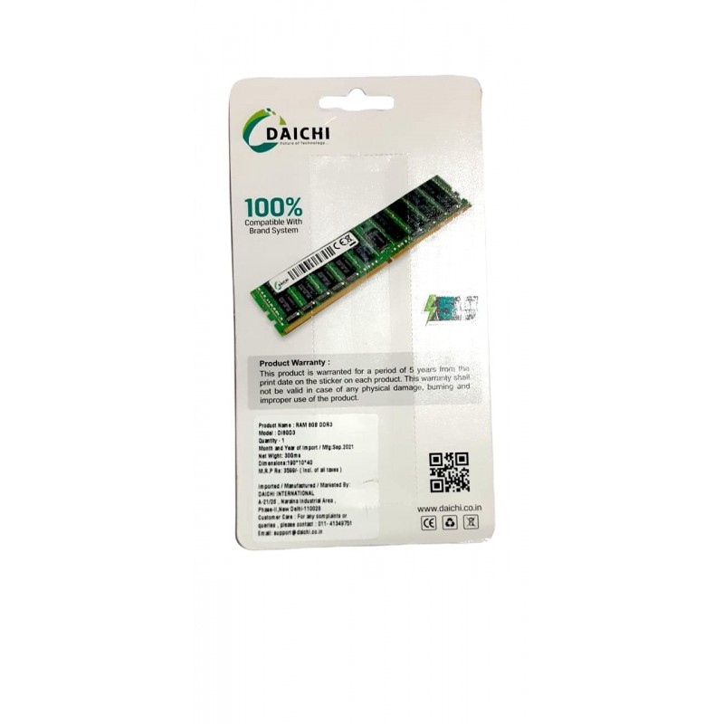 DAICHI 8 GB DUAL CHANNEL DDR3 U-DIMM DI8GD3 DT PC3 1600 MHz ( PC-12800) Memory Speed Desktop RAM for H55. H61, H81 motherboards with 5 Years Warranty,(PACK OF 1) GREEN DAICHI 8 GB DUAL CHANNEL DDR3 U-DIMM DI8GD3 DT PC3 1600 MHz ( PC-12800) Memory Speed Desktop RAM for H55. H61, H81 motherboards with 5 Years Warranty,(PACK OF 1) GREEN