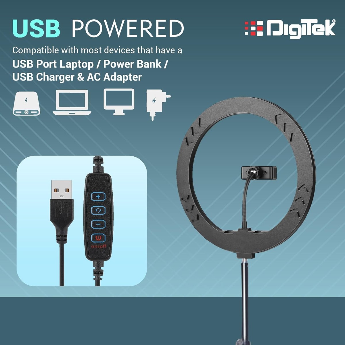 DIGITEK® (DRL-14C) 14 Inch LED Ring Light with 5ft Stand & Smartphone Mount - USB Powered, Color Switch Mode, Brightness Control, Dual Temperature - for Photo & Video Shoots, Makeup, Vlogging!