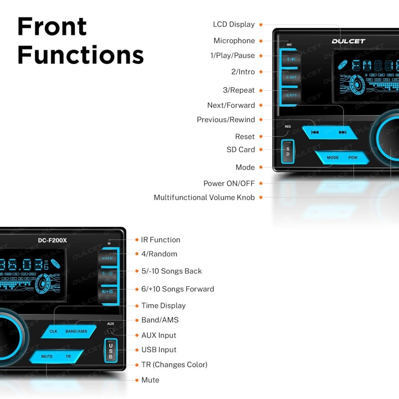 Dulcet DC-F200X 220W Double Din Mp3 Car Stereo with Hands-Free Calling/Bluetooth/USB Input/FM Radio/AUX Input/SD Card Slot/Remote Control / 7 Color LCD Display / ID3 Tag with EQ Dulcet DC-F200X 220W Double Din Mp3 Car Stereo with Hands-Free Calling/Bluetooth/USB Input/FM Radio/AUX Input/SD Card Slot/Remote Control / 7 Color LCD Display / ID3 Tag with EQ