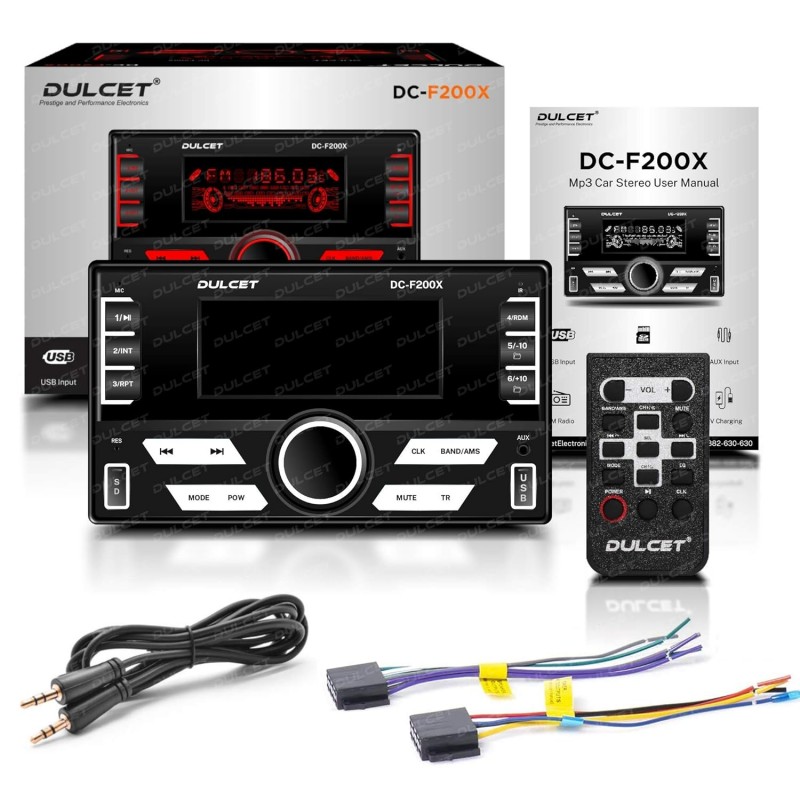 Dulcet DC-F200X 220W Double Din Mp3 Car Stereo with Hands-Free Calling/Bluetooth/USB Input/FM Radio/AUX Input/SD Card Slot/Remote Control / 7 Color LCD Display / ID3 Tag with EQ Dulcet DC-F200X 220W Double Din Mp3 Car Stereo with Hands-Free Calling/Bluetooth/USB Input/FM Radio/AUX Input/SD Card Slot/Remote Control / 7 Color LCD Display / ID3 Tag with EQ