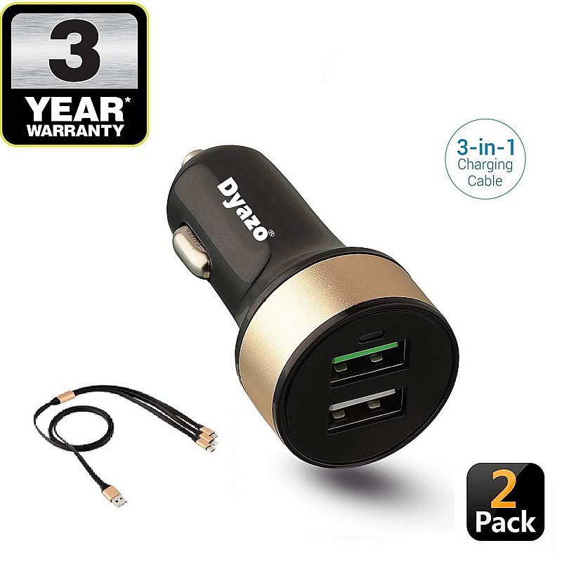 Dyazo Qualcomm Dual Port Turbo Quick Charge 3.0 Dual Port USB Car Charger for Mobile and Tablets with 3 in 1 Cable