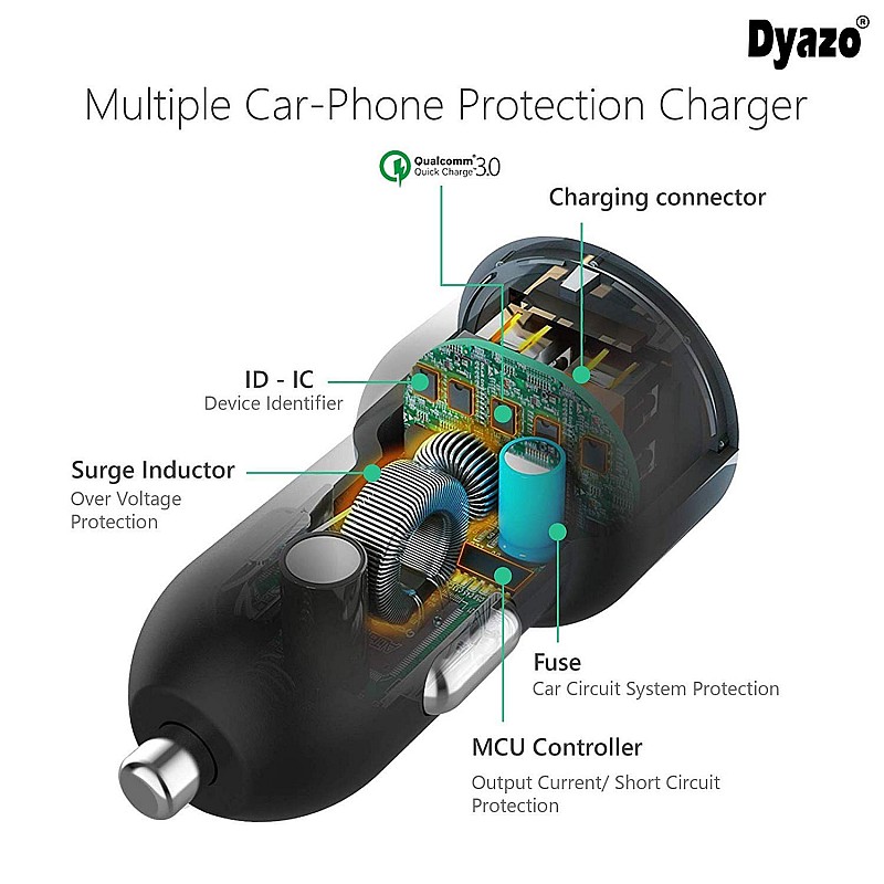 Dyazo Qualcomm Dual Port Turbo Quick Charge 3.0 Dual Port USB Car Charger for Mobile and Tablets with 3 in 1 Cable