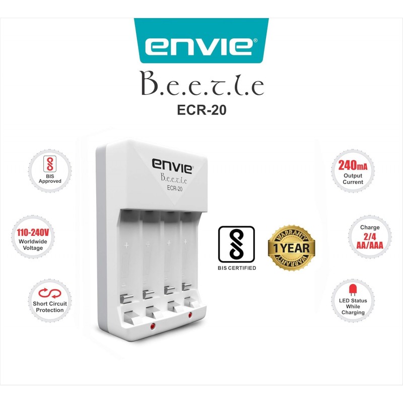 ENVIE® (ECR-20) Beetle Wall Charger for AA & AAA (Ni-MH/Ni-CD) Rechargeable Batteries with LED Indicators, Charge 2 or 4 Batteries at a Time ENVIE® (ECR-20) Beetle Wall Charger for AA & AAA (Ni-MH/Ni-CD) Rechargeable Batteries with LED Indicators, Charge 2 or 4 Batteries at a Time